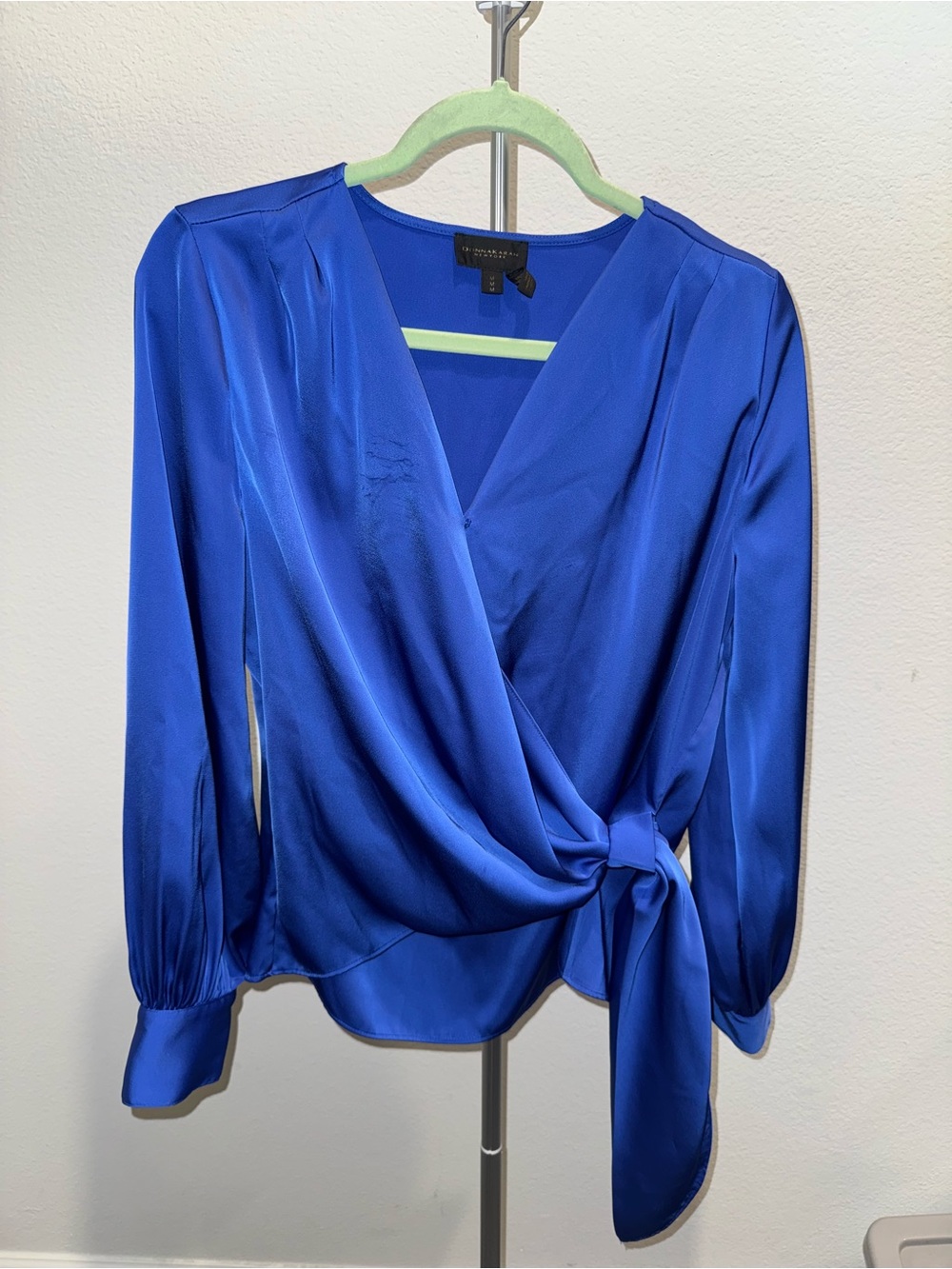 Donna Karan Cobalt Blue Satin-like Wrap Blouse with Side Tie Luxury Beachy